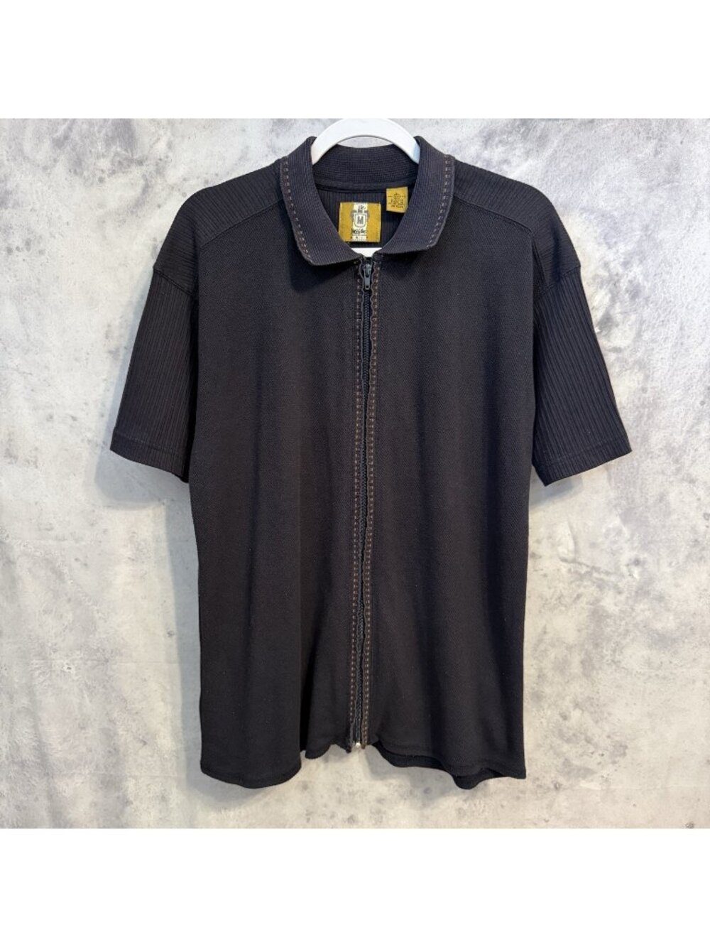 Vintage 90s Mossimo Knit Polo Shirt L Full Zip Textured Blue Skater Short Sleeve